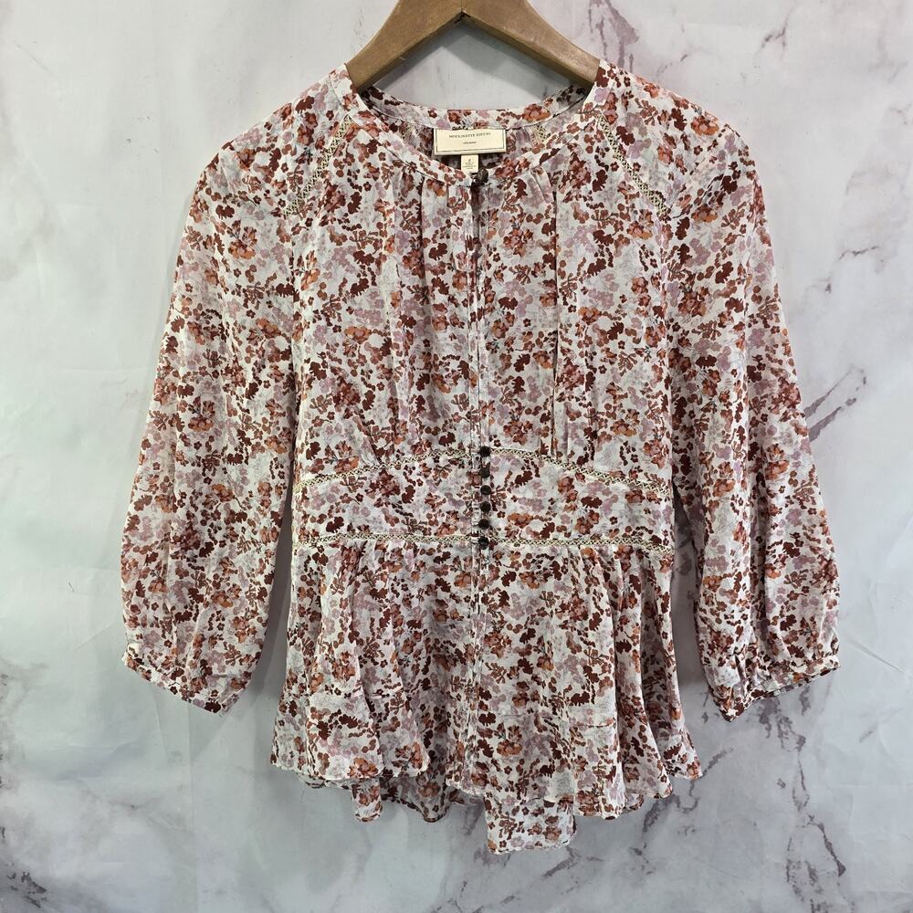 Anthropologie Shirt Womens XS 2 Floral Pink Blouse Moulinette Ruffle Popover